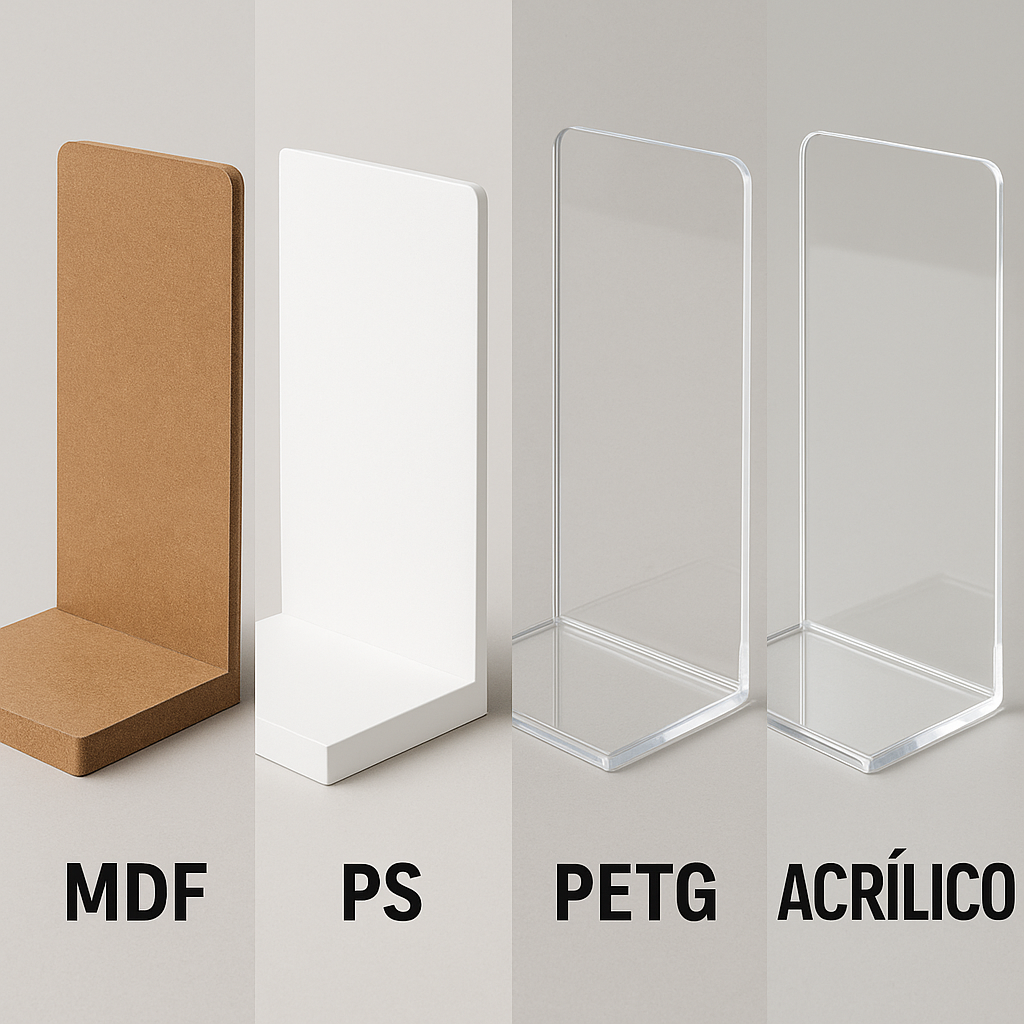 Comparação entre MDF, PS, PETG e Acrílico em display expositor promocional