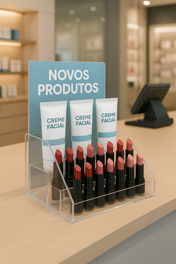 Display de balcão expondo produtos de beleza e skincare