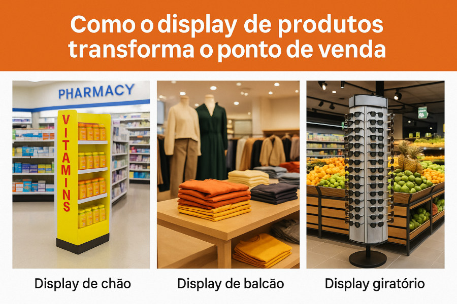 Exemplos de display de produtos comparando modelos de chão, balcão e giratório